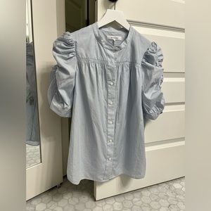 Frame Blue & White Striped Ruched Sleeve Shirt with button detail Medium